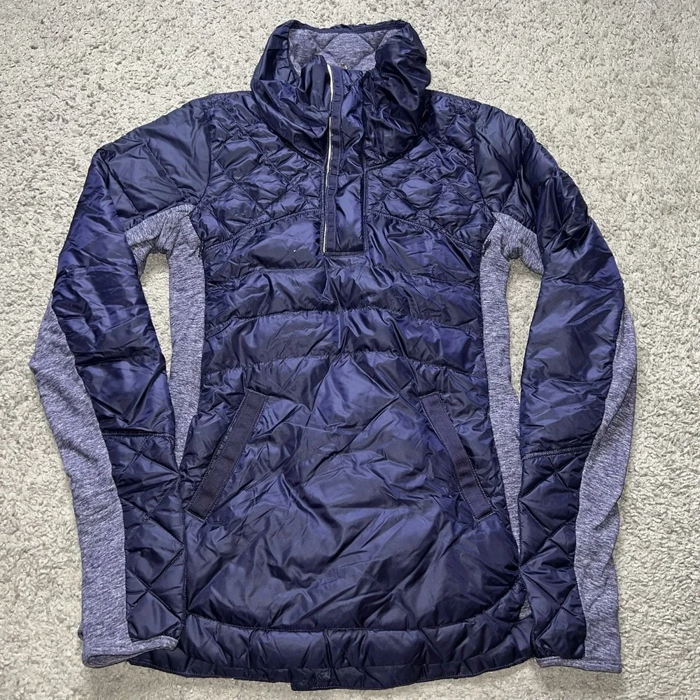 LULULEMON DOWN FOR A RUN Goose Down Purple Puffer Pullover Jacket 1/4 Zip Size 4